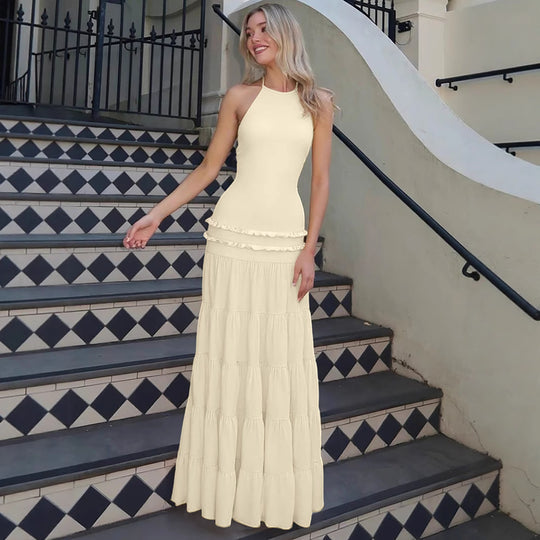 Damen Elegantes Spaghetti-Träger Maxikleid mit Rüschendetails EB