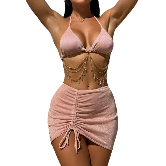 Damen Glitzerndes Triangel-Bikini-Set mit modischem Wickelrock und Kettenverzierung EB