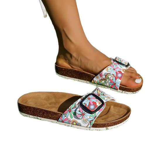 Damen Komfortable Zehentrenner-Sandalen mit buntem Blumenmuster EB