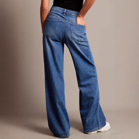 Damen Weit geschnittene High-Waist Jeans mit eleganten Falten EB