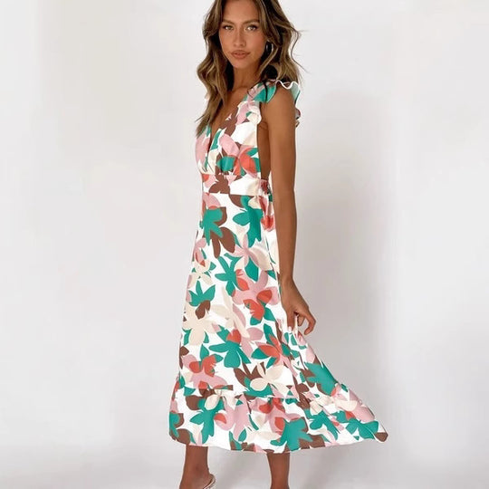 Damen Langärmliges Maxikleid mit verspieltem Rüschendesign und offenem Rücken EB
