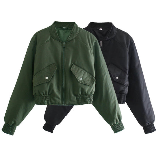 Damen modische cropped Bomberjacke mit praktischen Taschen und elastischen Bündchen EB
