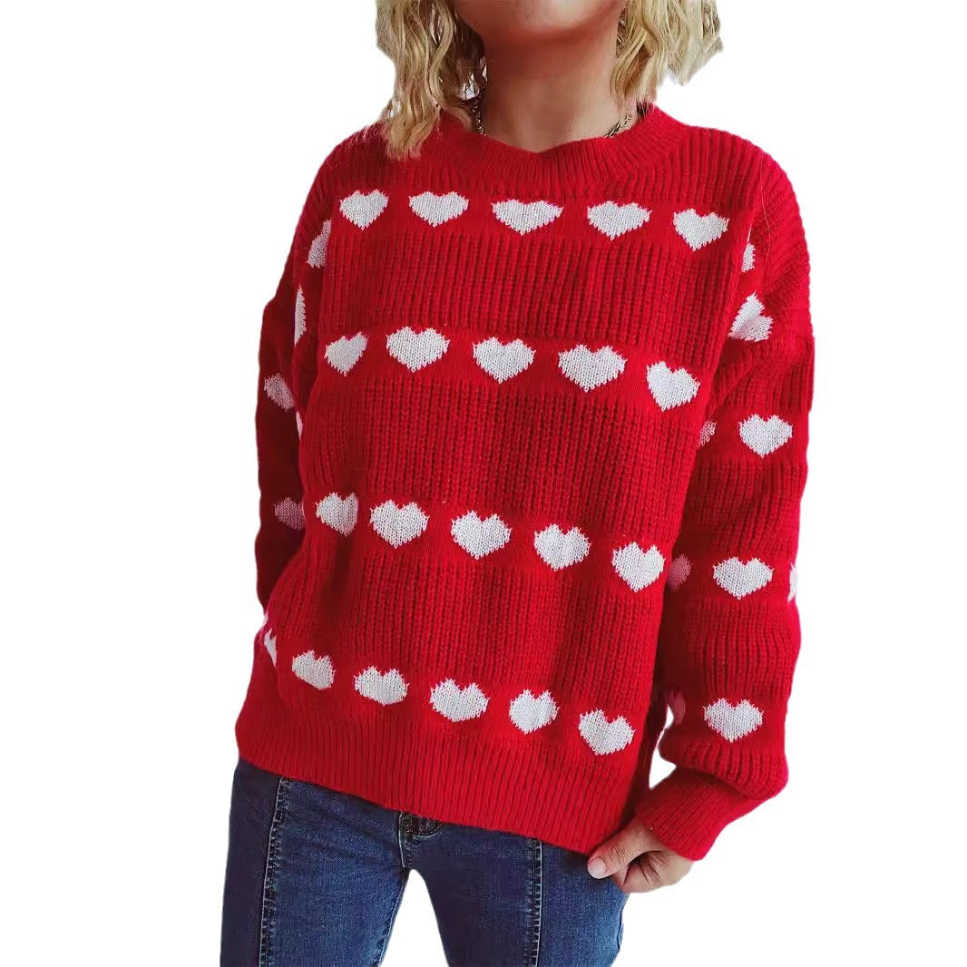Damen gemütlicher Herzmuster-Strickpullover mit weiten Ärmeln EB