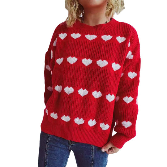 Damen gemütlicher Herzmuster-Strickpullover mit weiten Ärmeln EB