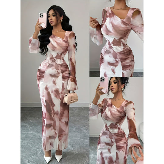Damen Elegantes Langarm-Maxikleid mit raffiniertem Drapé und figurbetontem Schnitt EB
