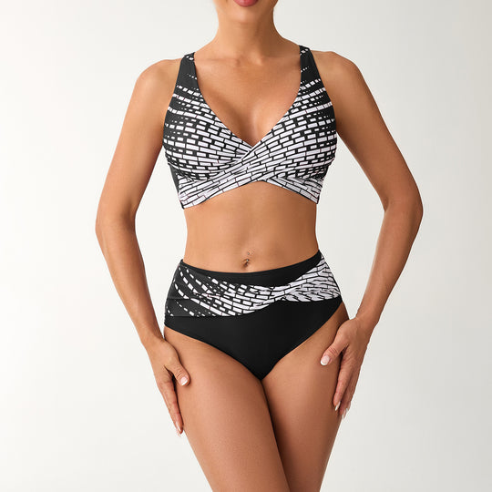 Damen Hochtailliertes Bikini-Set mit geschnürtem Oberteil und grafischen Akzenten EB