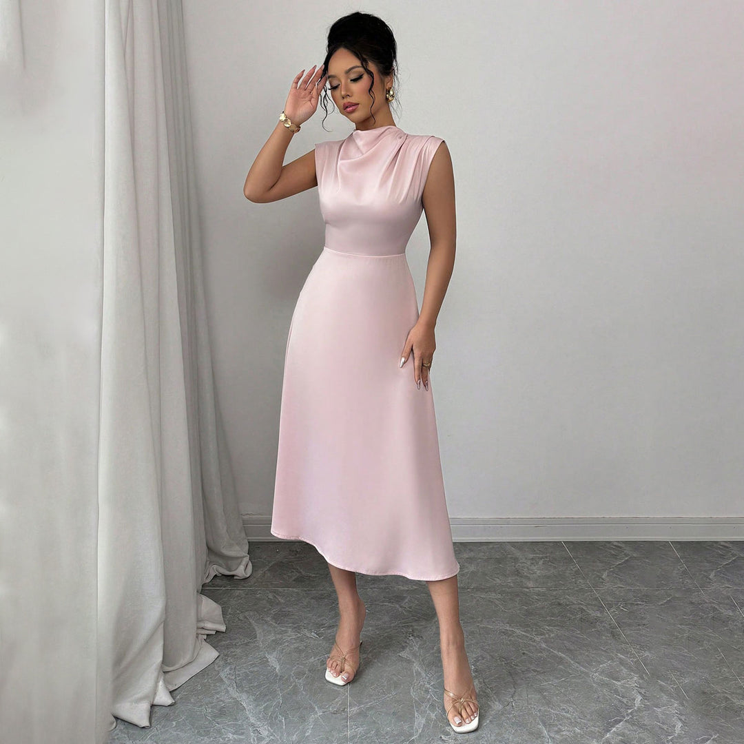 Damen elegantes ärmelloses Midi-Kleid mit drapiertem Ausschnitt EB