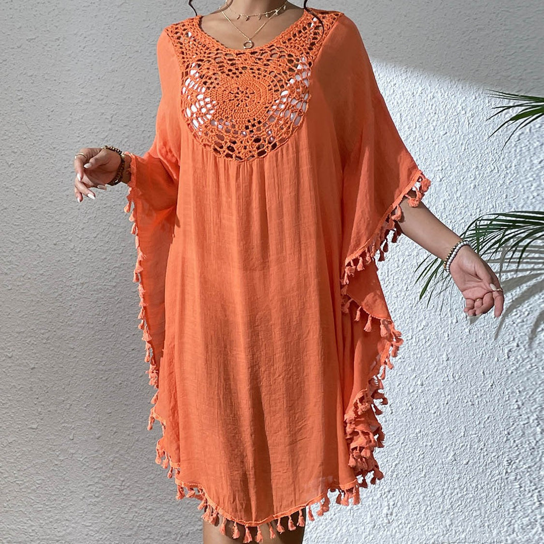 Damen Strandtunika mit elegantem Häkelmuster und fransigen Details EB