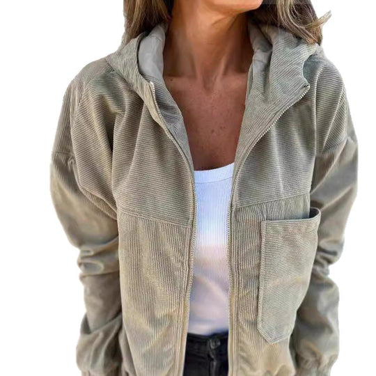 Damen nan Feincord-Übergangsjacke mit Kapuze, Reißverschluss, elastischen Bündchen und seitlichen Eingrifftaschen EB