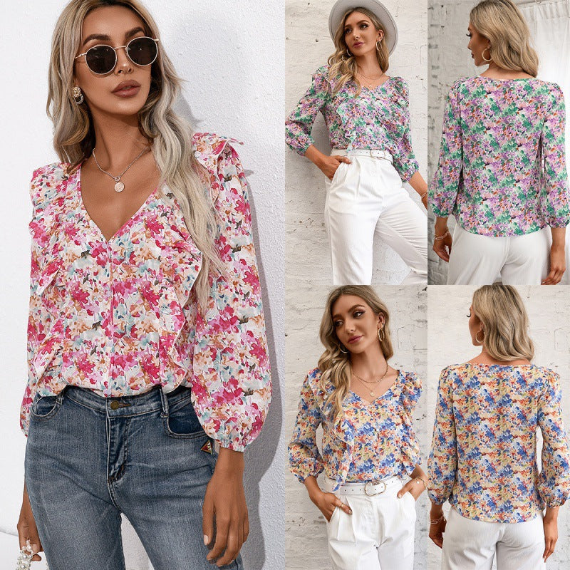 Damen Bluse mit Rüschen und floralem Muster EB