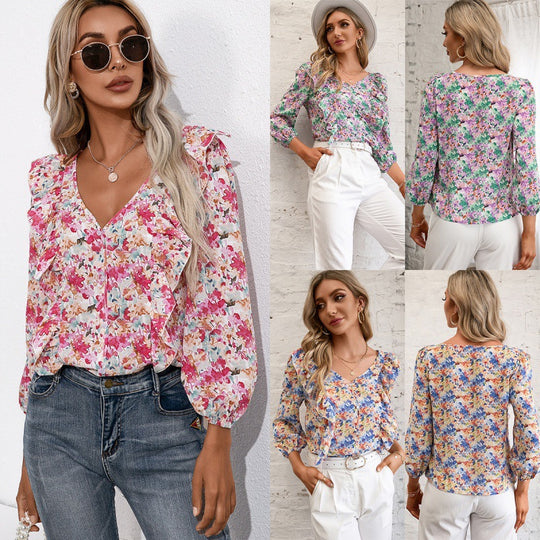Damen Bluse mit Rüschen und floralem Muster EB