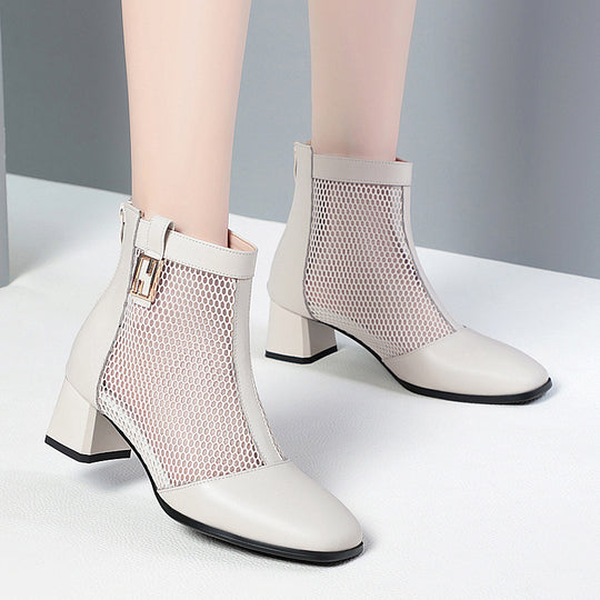 Damen Modische Stiefeletten mit luftiger Netzoptik und bequemem Blockabsatz EB