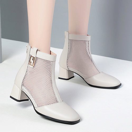 Damen Modische Stiefeletten mit luftiger Netzoptik und bequemem Blockabsatz EB
