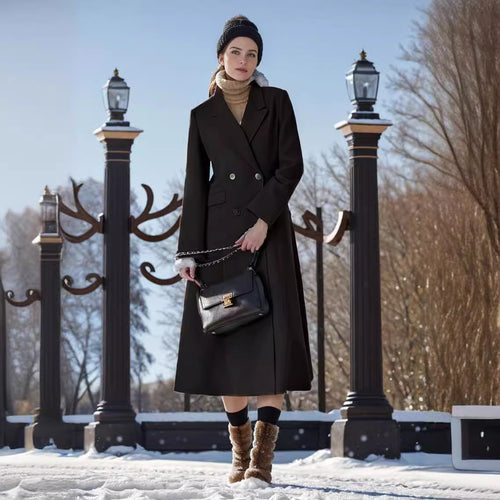 Damen eleganter Langmantel mit doppelter Knopfreihe und seitlichen Eingrifftaschen EB