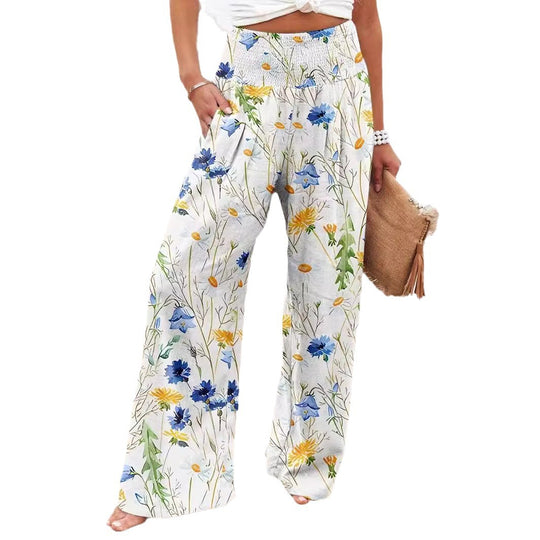Damen Weit geschnittene Strandhose mit floralem Motiven und elastischem Bund EB