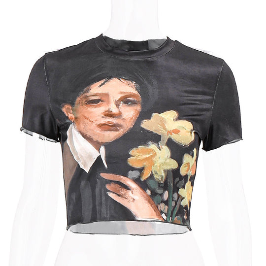 Damen cropped T-Shirt mit künstlerischem Druck und figurbetonter Passform EB