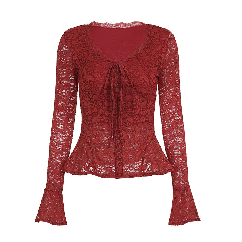 Damen Spitzenbluse mit romantischen Rüschen und bindbarem Dekolleté EB