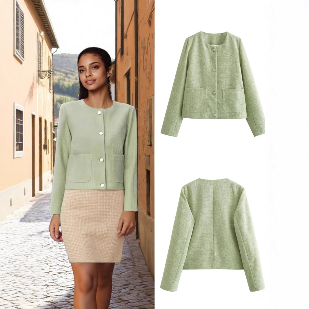 Damen modische Kurzjacke mit strukturiertem Gewebe und praktischen Taschen EB