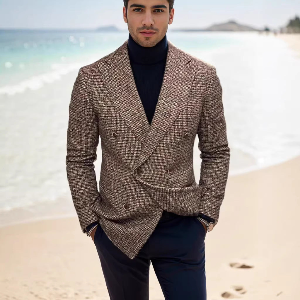 Herren nan zweireihiger strukturierter Wollmix-Blazer mit Peak-Revers und tailliertem Schnitt EB