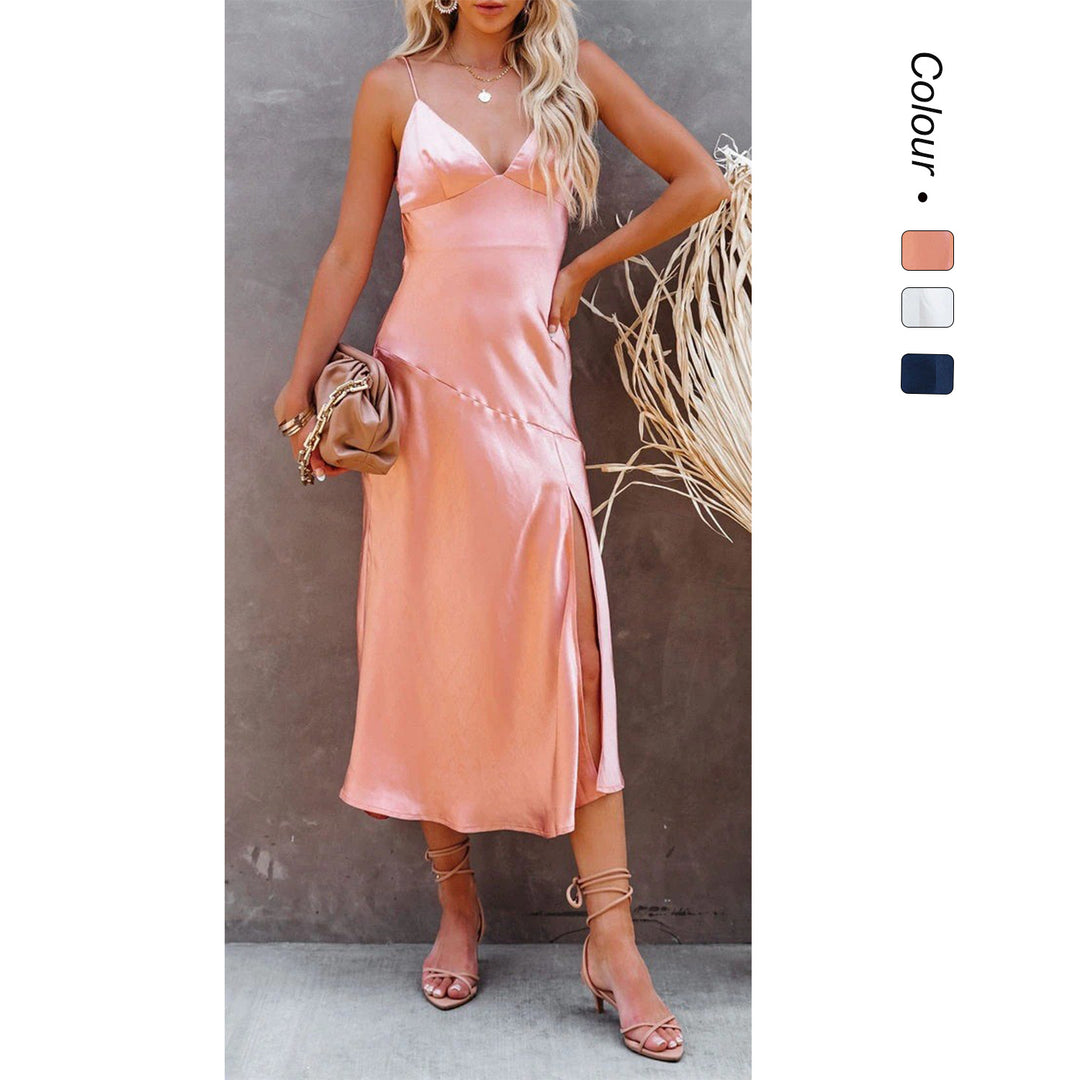 Damen Satin-Midikleid mit elegantem V-Ausschnitt und raffiniertem Schlitz EB