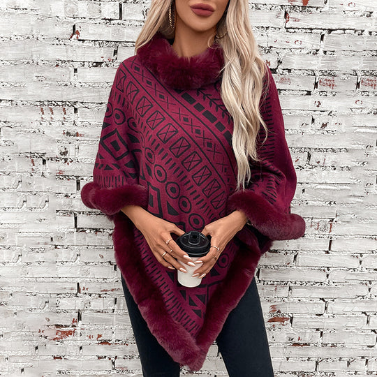 Damen modischer Poncho mit dekorativem Kunstfellkragen EB
