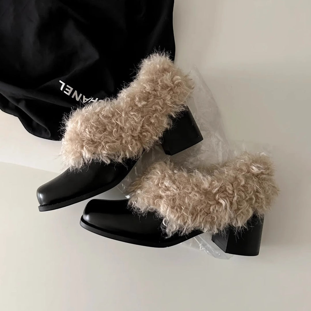 Damen Elegante Booties mit luxuriösem Fellrand und stabilem Blockabsatz EB