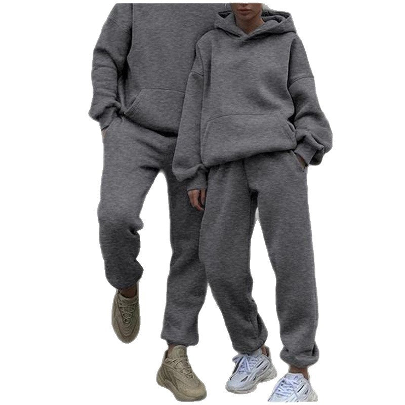 Damen nan gemütliches French-Terry Loungewear-Set mit doppellagiger Kapuze, Kängurutasche und elastischem Knöchel-Jogger EB