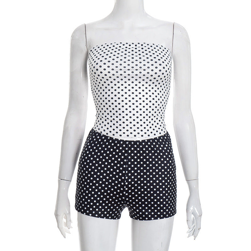 Damen Bandeau-Badeanzug mit gepunktetem Design und hohem Dekolleté EB