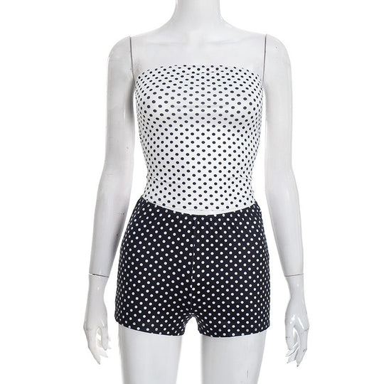 Damen Bandeau-Badeanzug mit gepunktetem Design und hohem Dekolleté EB