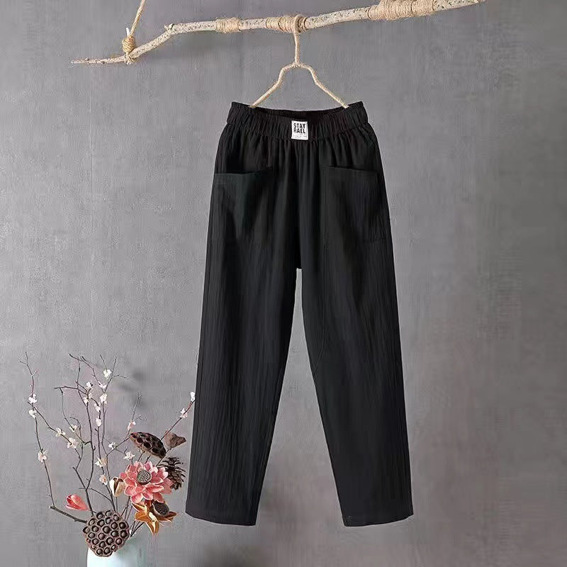 Damen nan lässige Leinenmix-Hose mit elastischem Bund, geradem Bein und großen aufgesetzten Taschen EB