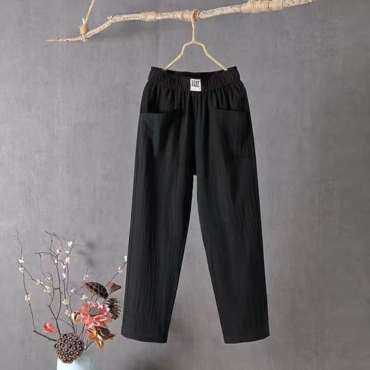 Damen nan lässige Leinenmix-Hose mit elastischem Bund, geradem Bein und großen aufgesetzten Taschen EB