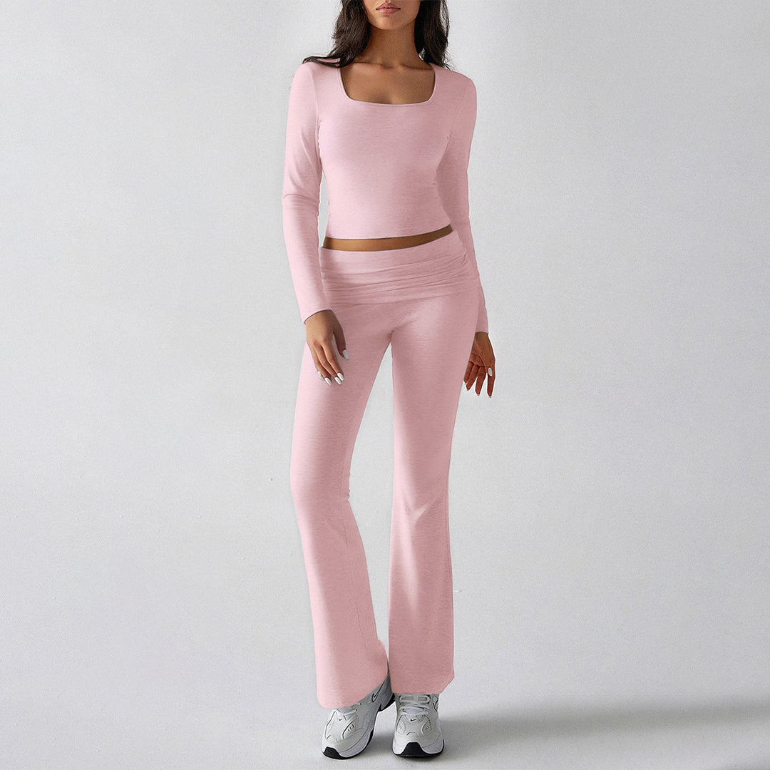 Damen nan figurbetontes Cropped-Set mit langärmeligem Top mit quadratischem Ausschnitt und ausgestellter High‑Waist Yoga-Hose EB