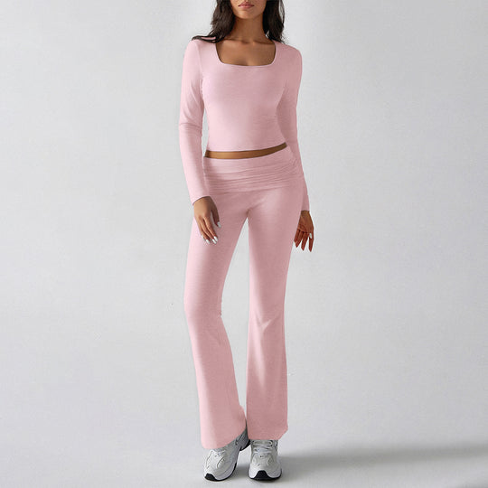 Damen nan figurbetontes Cropped-Set mit langärmeligem Top mit quadratischem Ausschnitt und ausgestellter High‑Waist Yoga-Hose EB