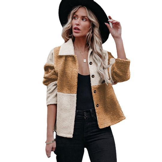 Damen trendige Teddyjacke mit modernem Patchwork-Design EB