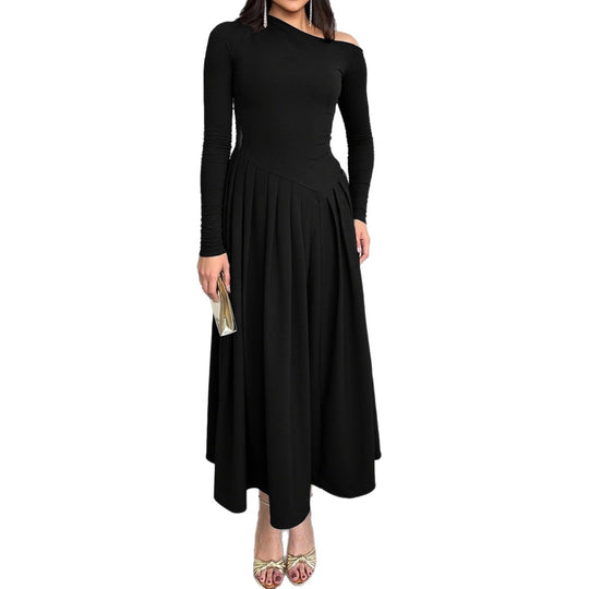 Damen nan asymmetrisches Maxikleid mit plissiertem Rock und figurbetontem Oberteil EB