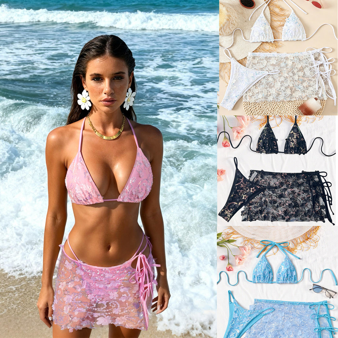 Damen Blumenmuster Triangel-Bikini mit transparentem Überrock EB