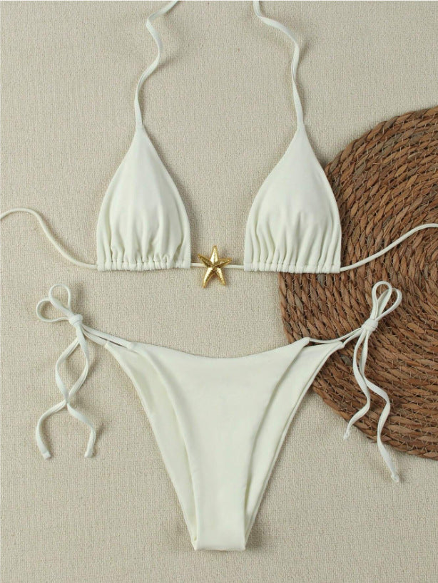 Damen Triangel-Bikini-Set mit verstellbaren Trägern und dekorativem Schmuckelement EB