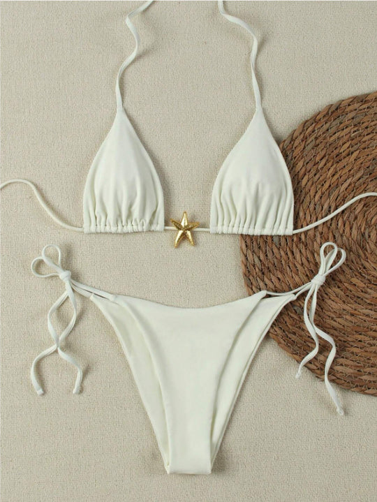 Damen Triangel-Bikini-Set mit verstellbaren Trägern und dekorativem Schmuckelement EB