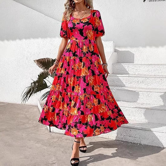 Damen Maxi-Kleid mit floralem Design und voluminösem Rock EB
