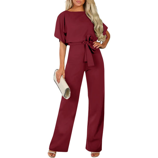 Damen langer Jumpsuit mit innovativem Bindegürtel und angeschnittenen Ärmeln EB