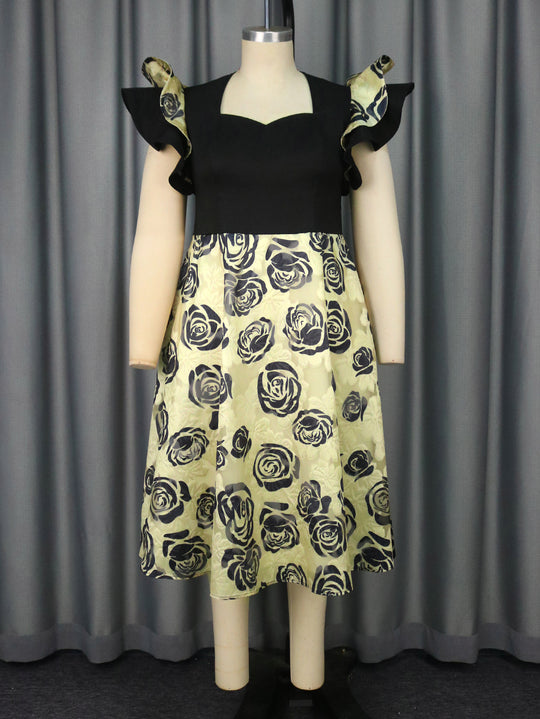 Damen Elegantes Blumenmuster Kleid mit Rüschärmeln EB