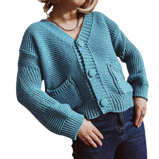 Damen lässige Strickjacke mit tiefem V-Ausschnitt und praktischen Taschen EB