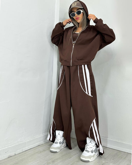 Damen Oversize Kapuzen-Sweatjacke mit Reißverschluss und weitem Trackpant-Set EB