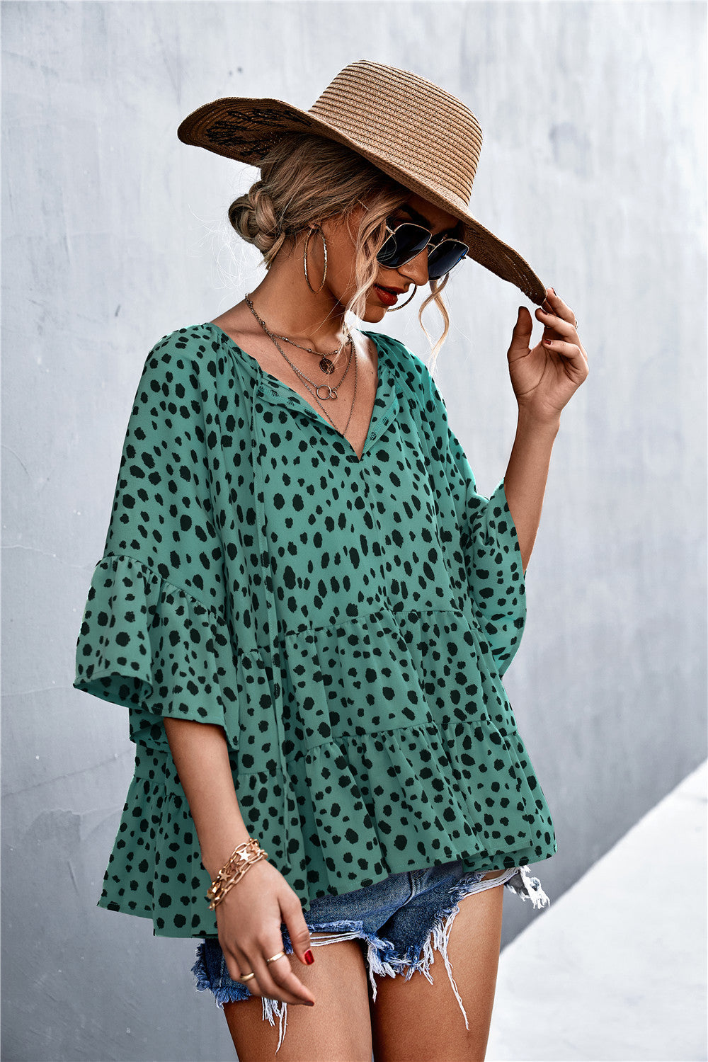 Damen lässige Bluse mit voluminösen Ärmel und modischem Punktmuster EB