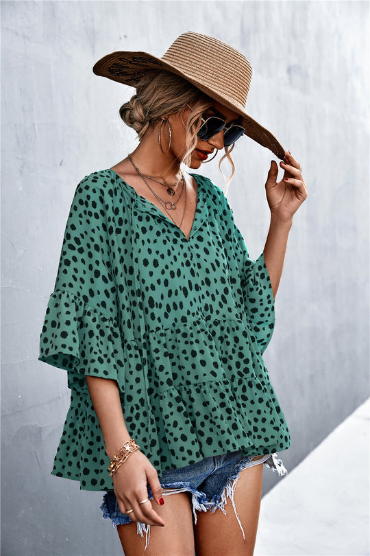 Damen lässige Bluse mit voluminösen Ärmel und modischem Punktmuster EB