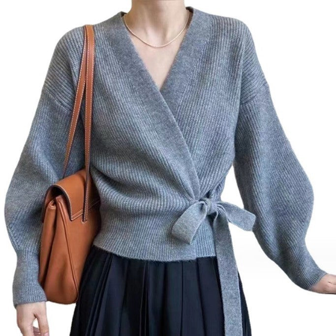 Damen Wickelstrickjacke mit weit geschnittenen Ärmeln und Taillengürtel EB