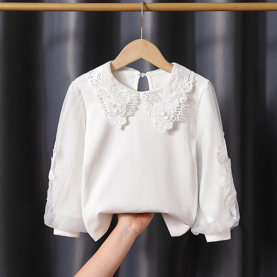 Mädchen modische Bluse mit eleganten Tüllärmeln und kunstvoller Spitzenverzierung EB
