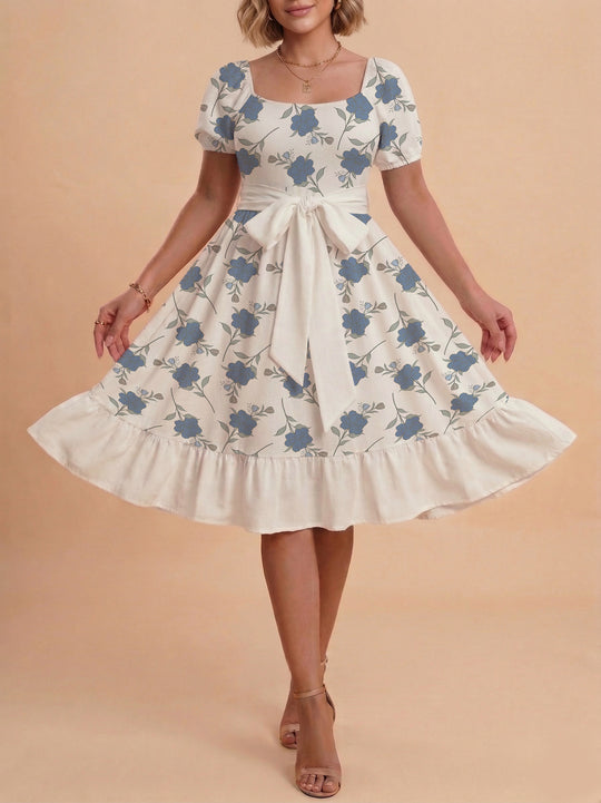 Damen Blumenkleid mit taillierbarem Gürtel und voluminösen Ärmeln EB