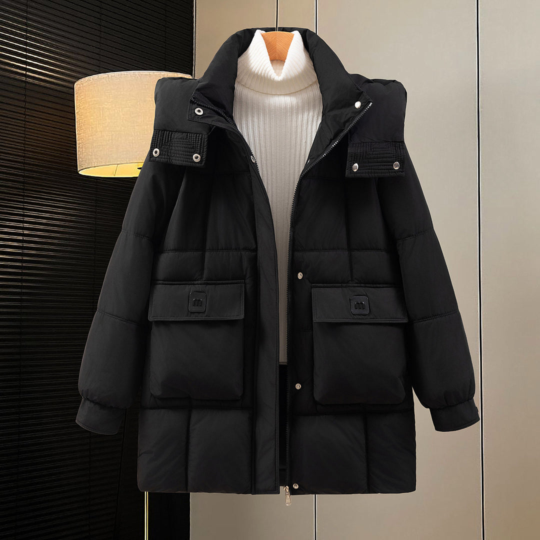 Damen funktionelle und stilvolle Winterjacke mit Taschen und Kapuze EB
