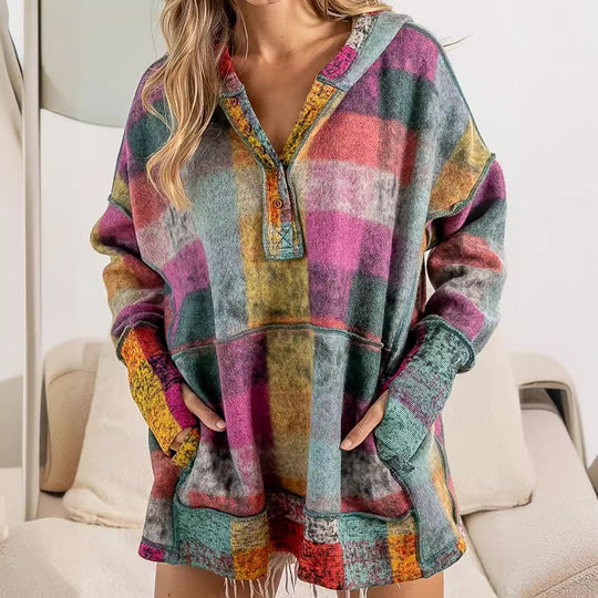 Damen lässiger Block-Check Pullover mit Kapuze und praktischen Taschen EB